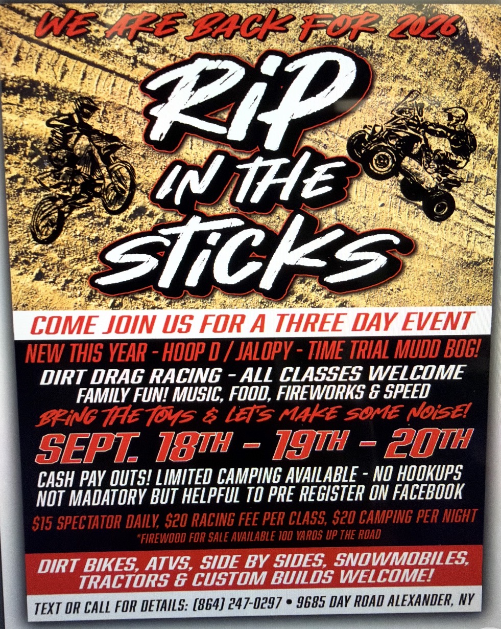 Rip in the Sticks three-day event flyer for September 18 through 20, 2026 in Alexander, New York