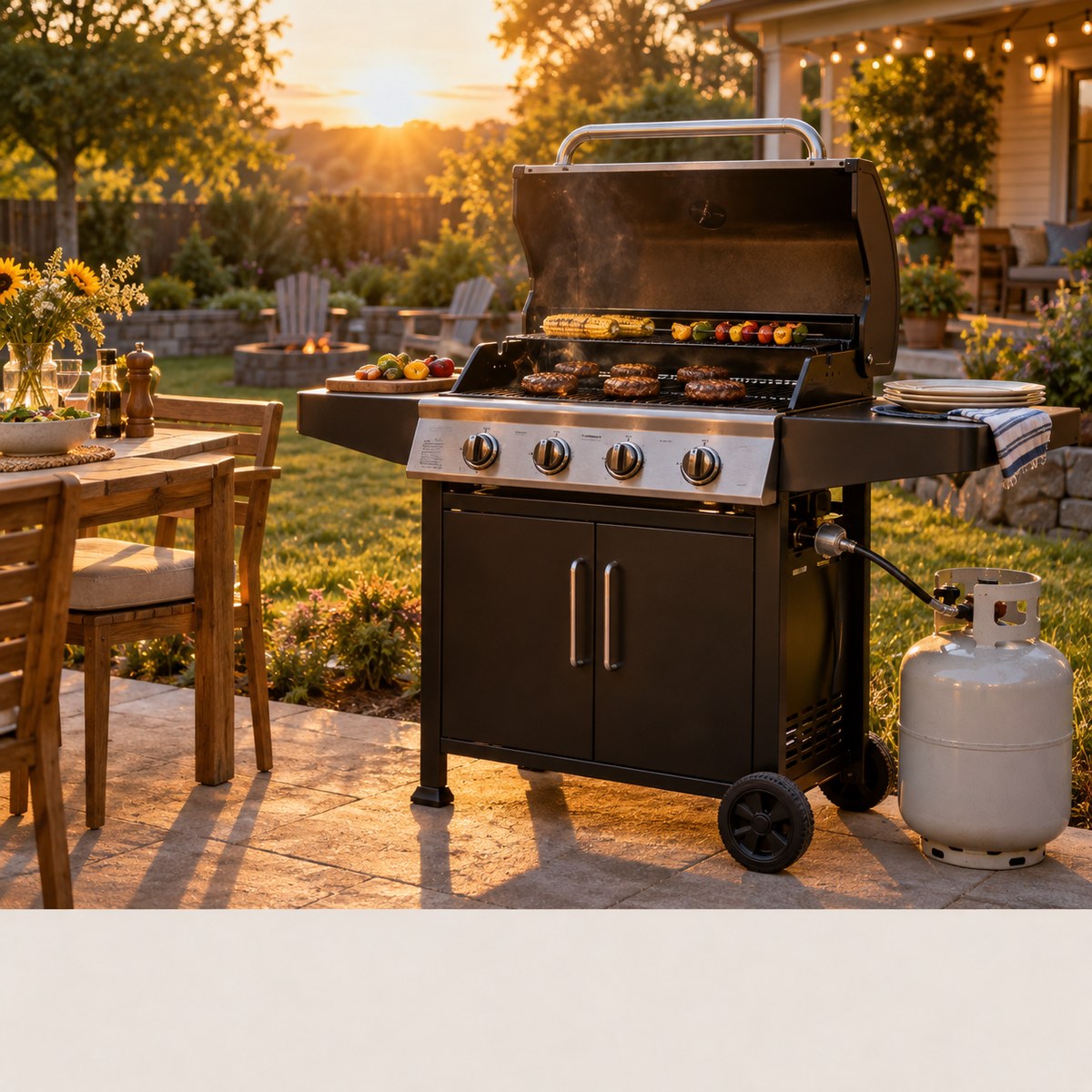 Propane tanks beside a backyard grill — fill or exchange at 49 Express Pit Stop