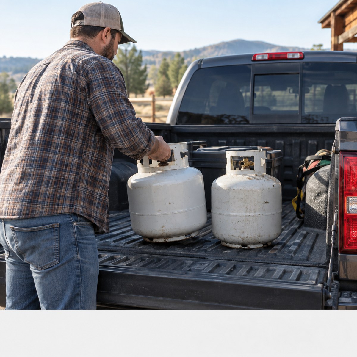 Portable propane tanks in a pickup truck bed ready for refill or exchange at 49 Express Pit Stop